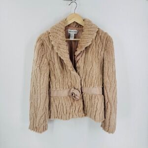 Vintage Y2K Newport News Faux Fur Jacket Beige Rosette Belted Jacket Size 12